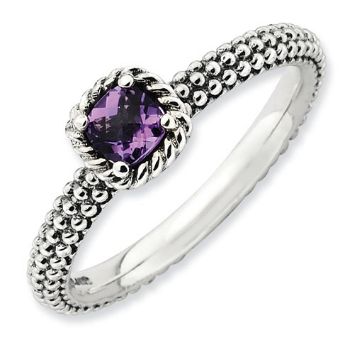 Picture of Silver Antiqued Ring with Checker-Cut Amethyst Stone