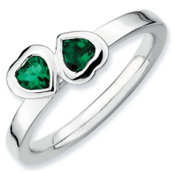Picture of Silver Ring 2 Heart Created Emerald stones