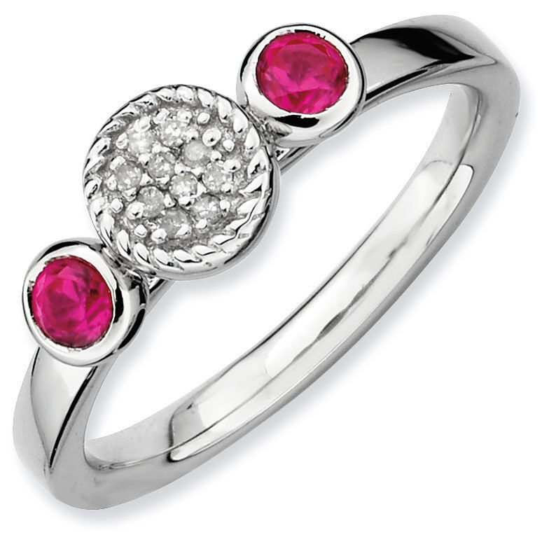 Carina Gems. Silver Ring 2 Round Created Ruby & Diamond Stones
