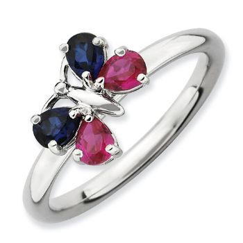 Picture of Silver Butterfly Ring Created Sapphire & Ruby Stones