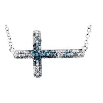 Picture of Blue & White Diamond Sideways Cross Necklace