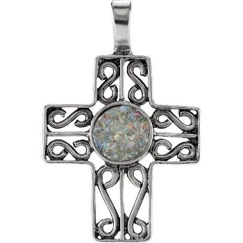 Picture of Sterling Silver Cross Pendant with Ancient Roman Glass Design