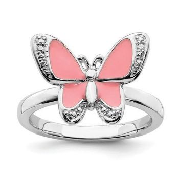 Picture of Silver Butterfly Ring Pink Enameled White CZ