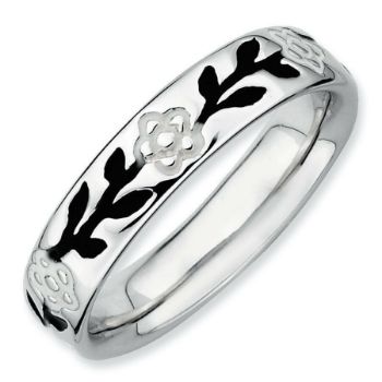 Picture of Sterling Silver Stackable Flower Ring Black Enameled