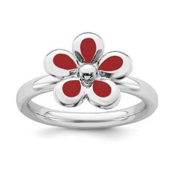 Picture of Silver Stackable Ring 2.25 mm Red Enameled Flower