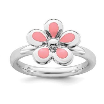 Picture of Silver Stackable Ring 2.25 mm Pink Enameled Flower