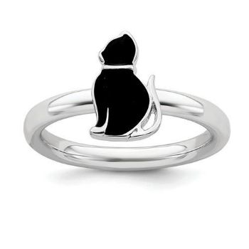 Picture of Silver Stackable Ring 2.25 mm Black Enameled Cat Design